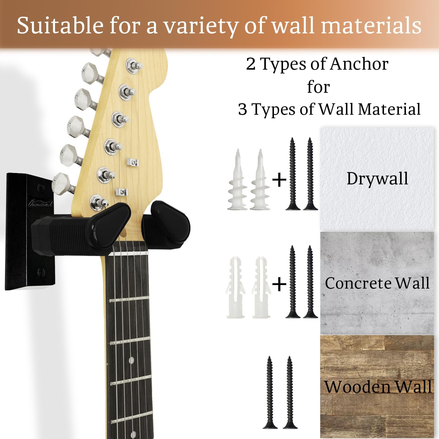Guitar Wall Mount, Auto Lock Guitar Hanger Black Hardwood, Guitar Wall Hangers, Guitar Holder Hook Wall Stand for Classical, Acoustic, Electric Guitar, Banjo, Bass, Ukulele, Gift for Guitar Player