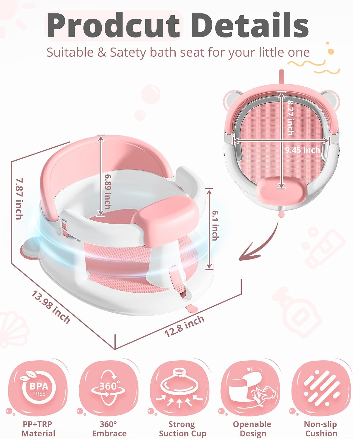 ONTHEWEI Baby Bath Seats for Babies Sitting Up, Non-Slip Baby Bathtub with 3 Suction Cups, Safe & Comfortable Toddler Bath Seat Ideal for Baby Bath/Shower Support, Stable Design, Pink (6-24 Months)
