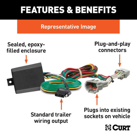 CURT 56468 Custom 4-Pin Trailer Wiring Harness, Fits Select 2021+ Ford Bronco with LED Lights, Vehicle-Side T-Connector, Plug-and-Play No-Splice Install, Tail Light Converter, Dust Cover