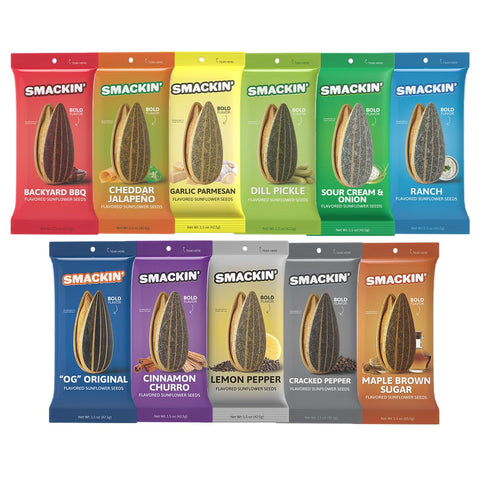 SMACKIN' Sunflower Seeds, Roasted Jumbo Small-Batch, American Made - 8 Flavor Variety. 1.5oz bags (54 Pack Bucket)