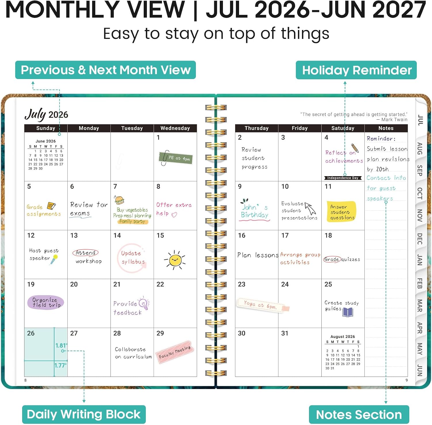 Planner 2026-2027, Weekly & Monthly Academic Calendar, Jul 2026 – Jun 2027