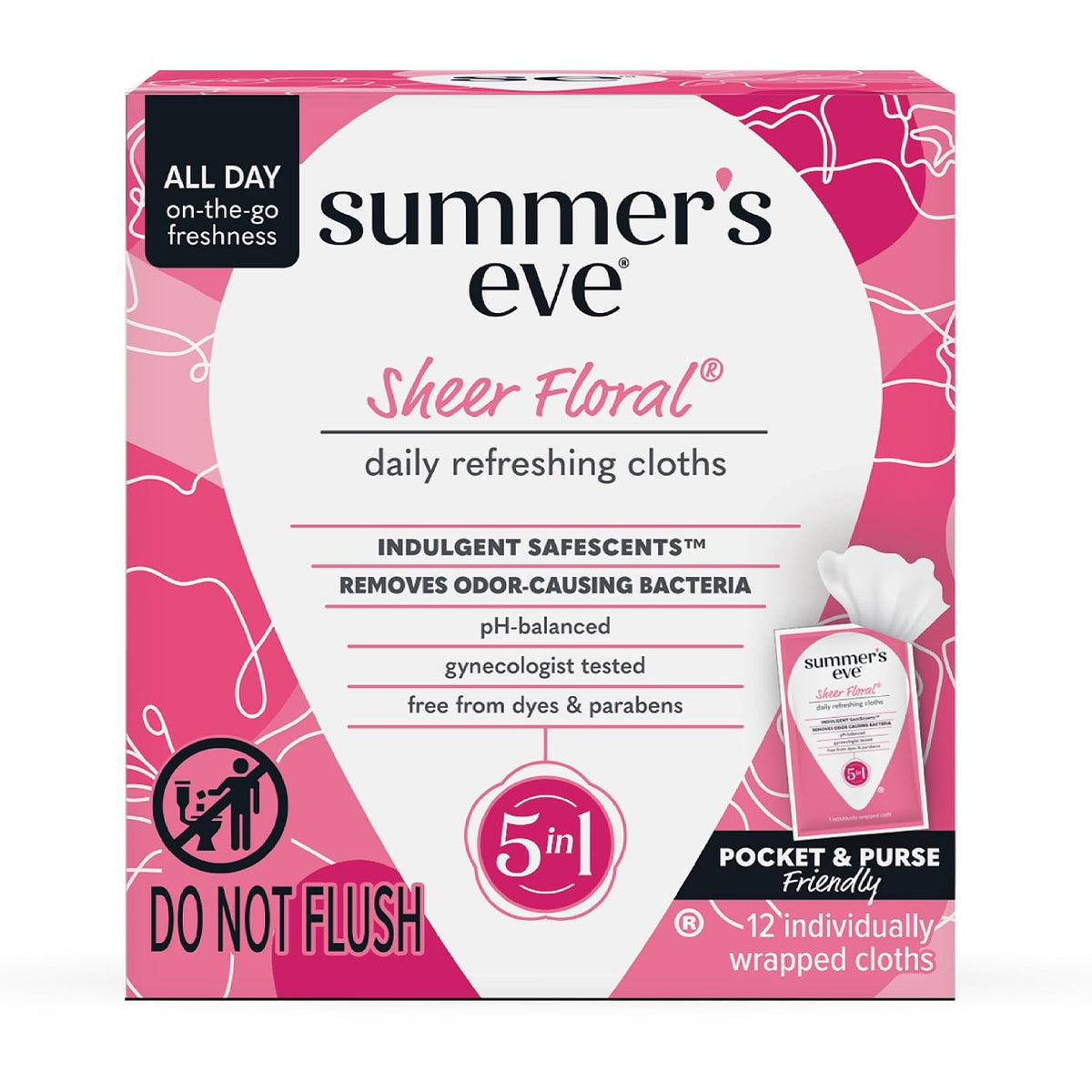 Summer's Eve Refreshing Feminine Wipes, Sheer Floral, 12 Count