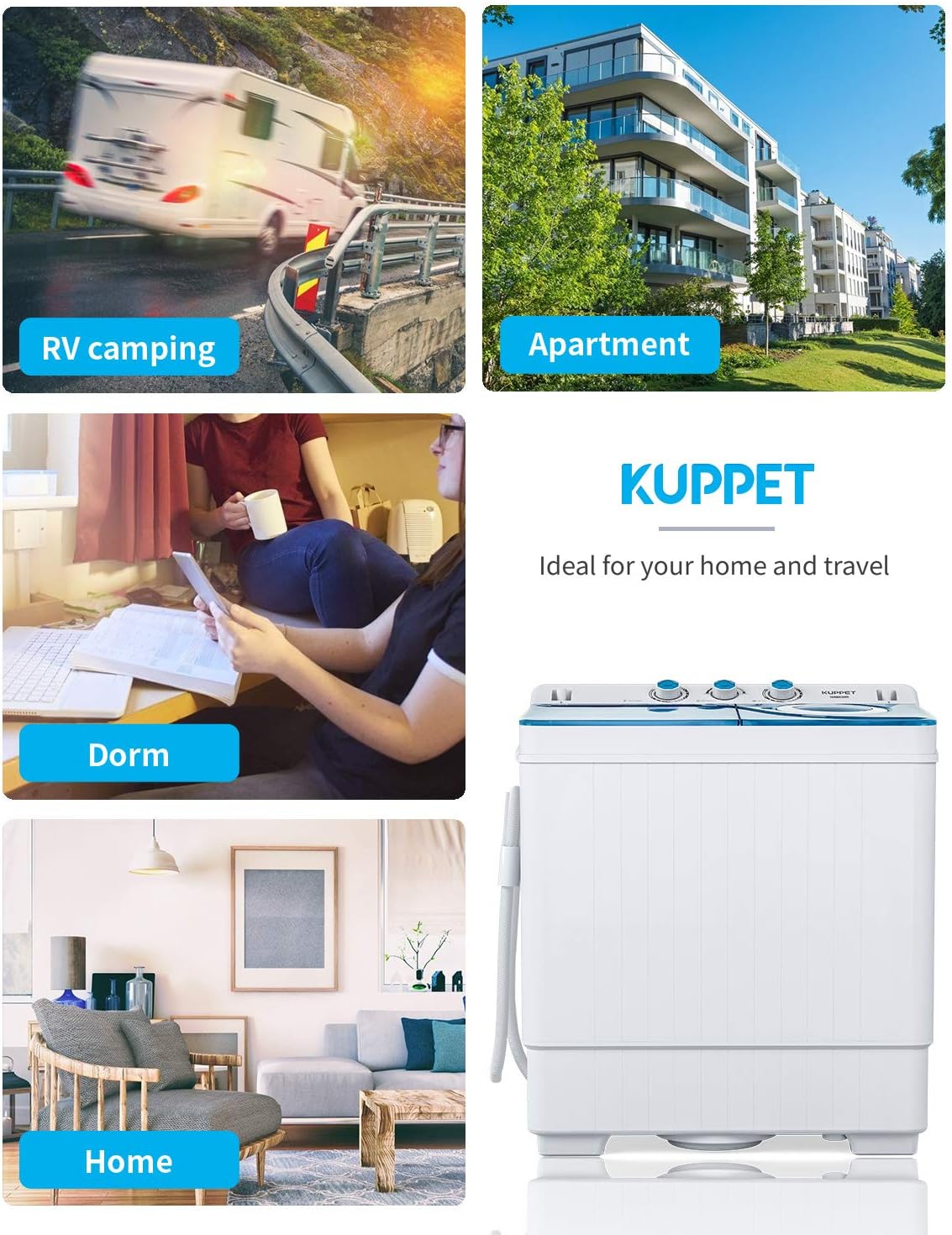 Compact Twin Tub Portable Mini Washing Machine 26lbs Capacity, Washer(18lbs)&Spiner(8lbs)/Built-in Drain Pump/Semi-Automatic (White&Blue)