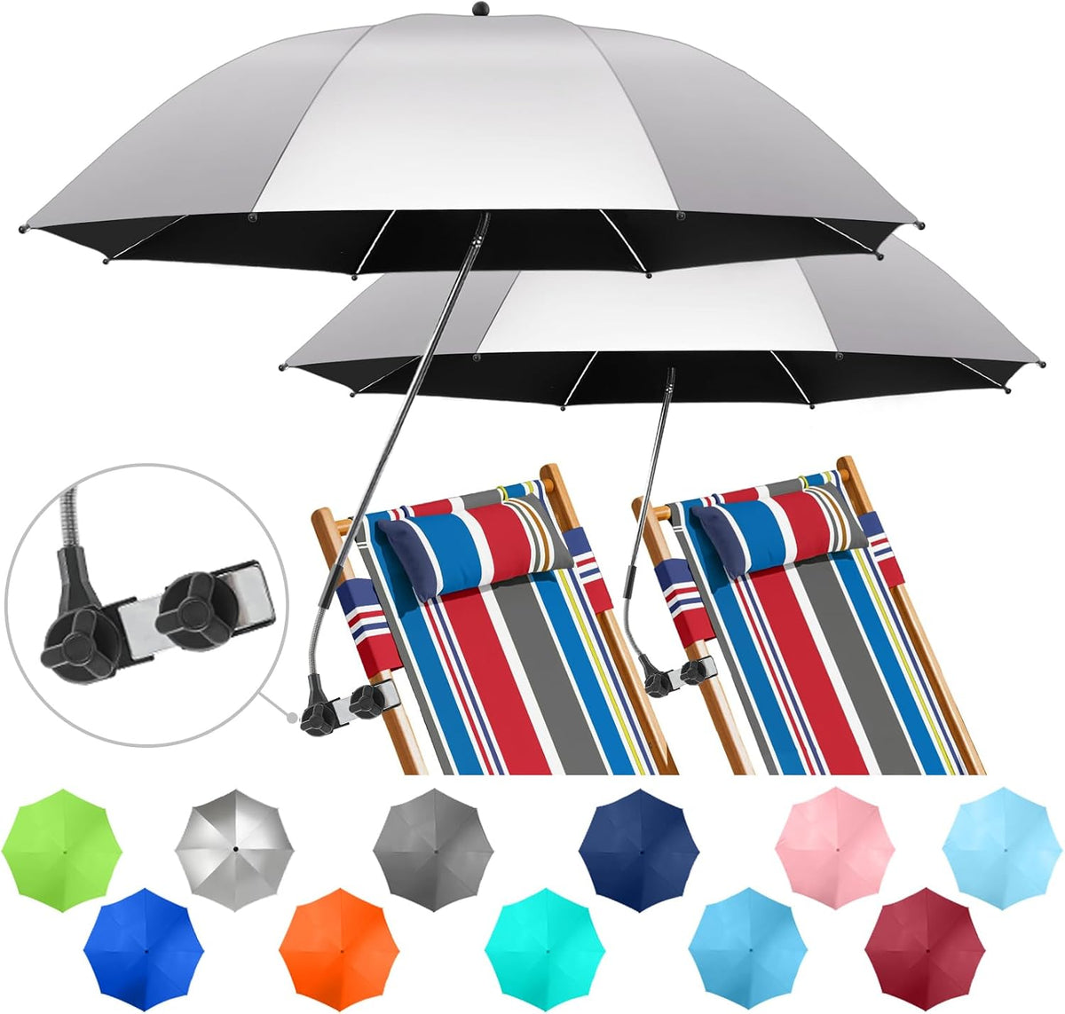 2 PACK Beach Umbrella with Clamp, 360 ° Adjustable Umbrellas for Chair, UPF50+ Umbrella for Beach Chair, Patio Chair, Wheelchair, Camping Chair, Golf Carts (Chair Not Included)