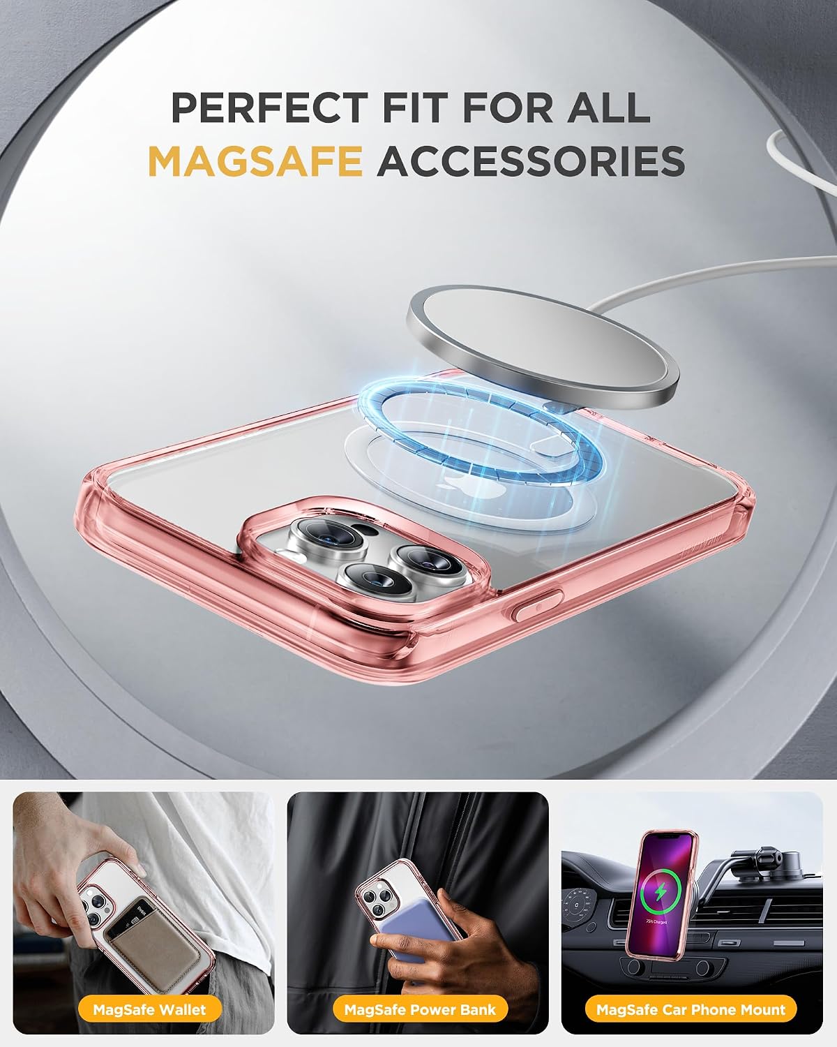 Miracase Magnetic for iPhone 13 Pro Max Case 6.7 inch, (Compatible with MagSafe) Upgrade Full-Body Clear Phone Bumper Case with Built-in 9H Tempered Glass Screen Protector, Magnetic Clear Pink