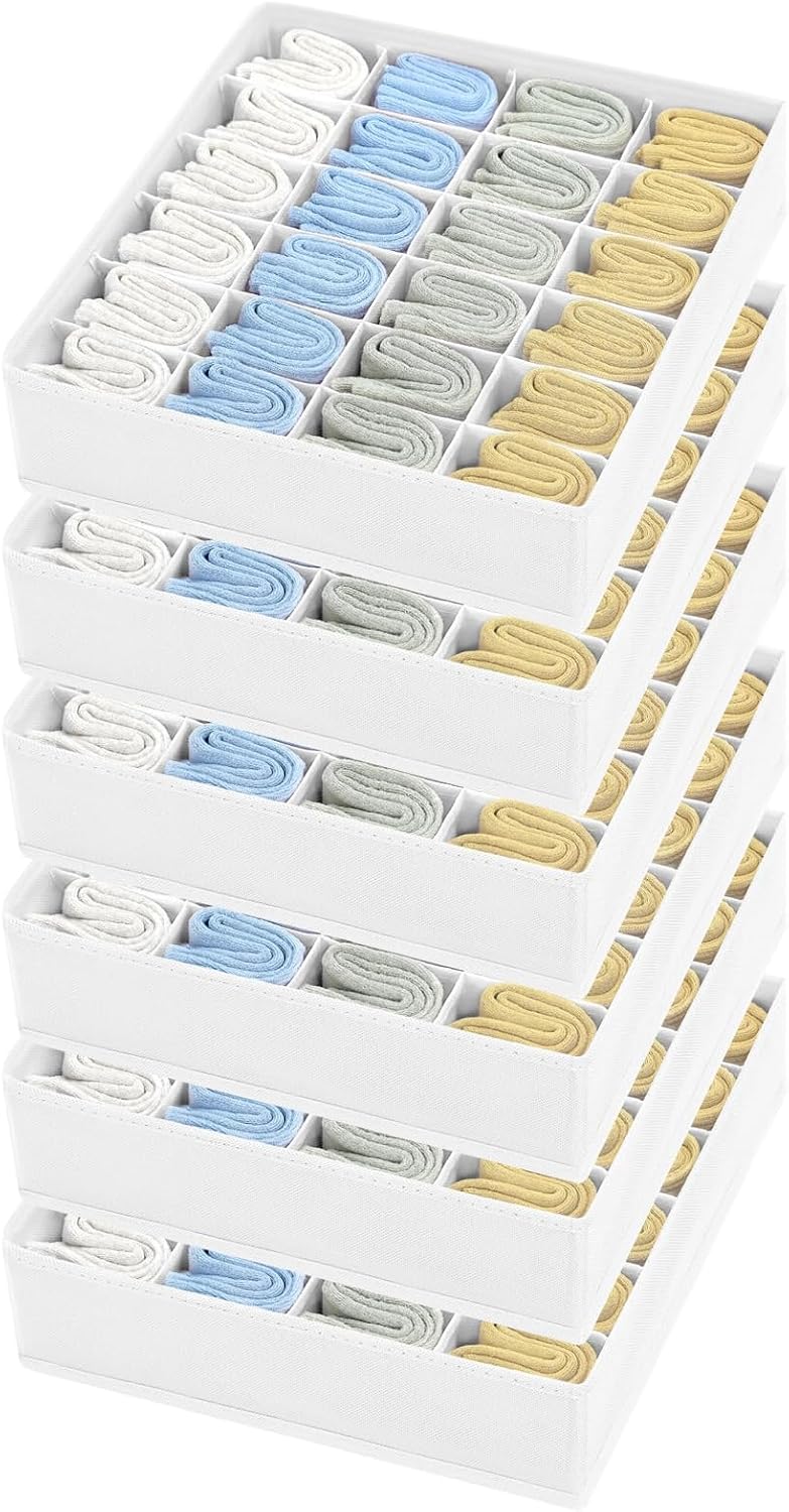 Joyoldelf Sock Organizer Drawer Organizer - Underwear Organizer, 24 Cell Collapsible Closet Organizers and Storage Sock Holders Organizers for Storing Socks, Ties, Belts 6 Pack White