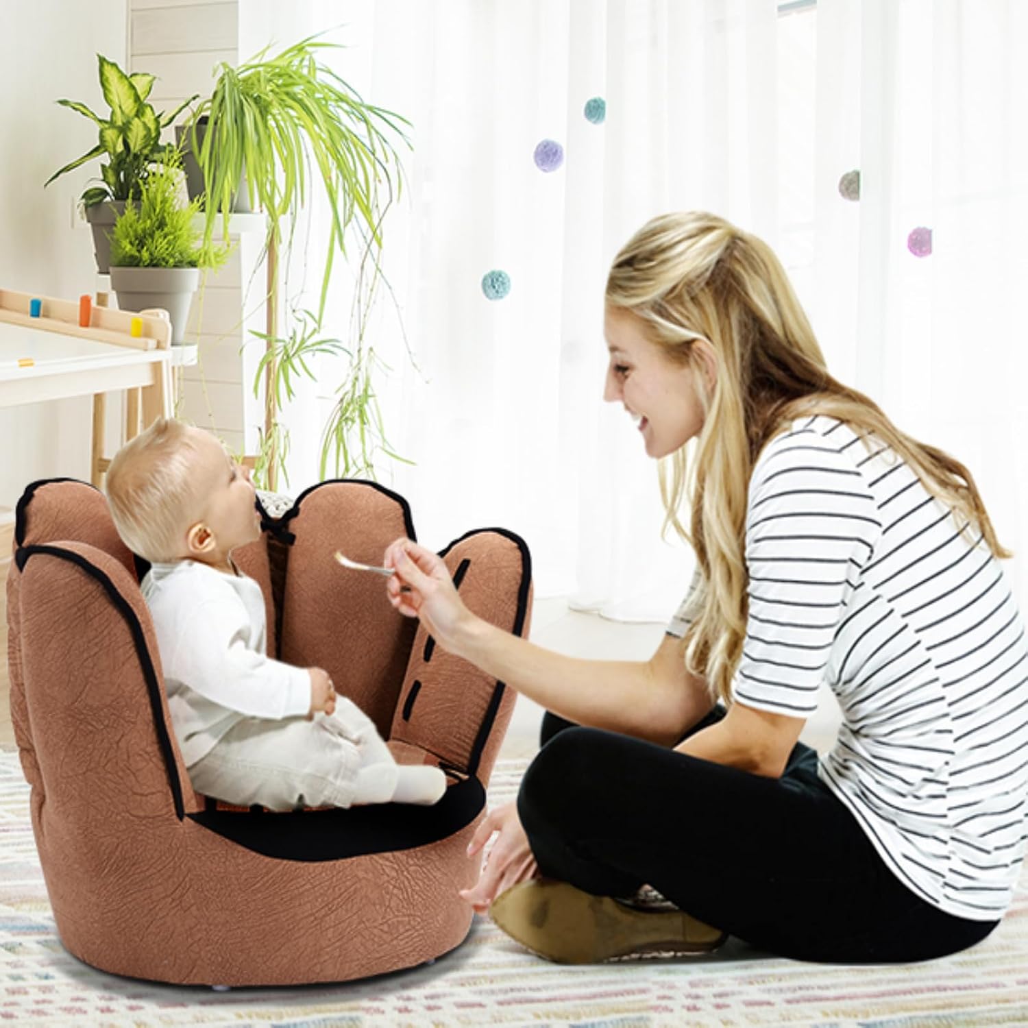 Costzon Kids Couch with Solid Wood Frame & Baseball Glove Design, Children Armchair for Play Room, Nursery, Kindergarten, Kids Room, Gift for Boys & Girls (Brown)
