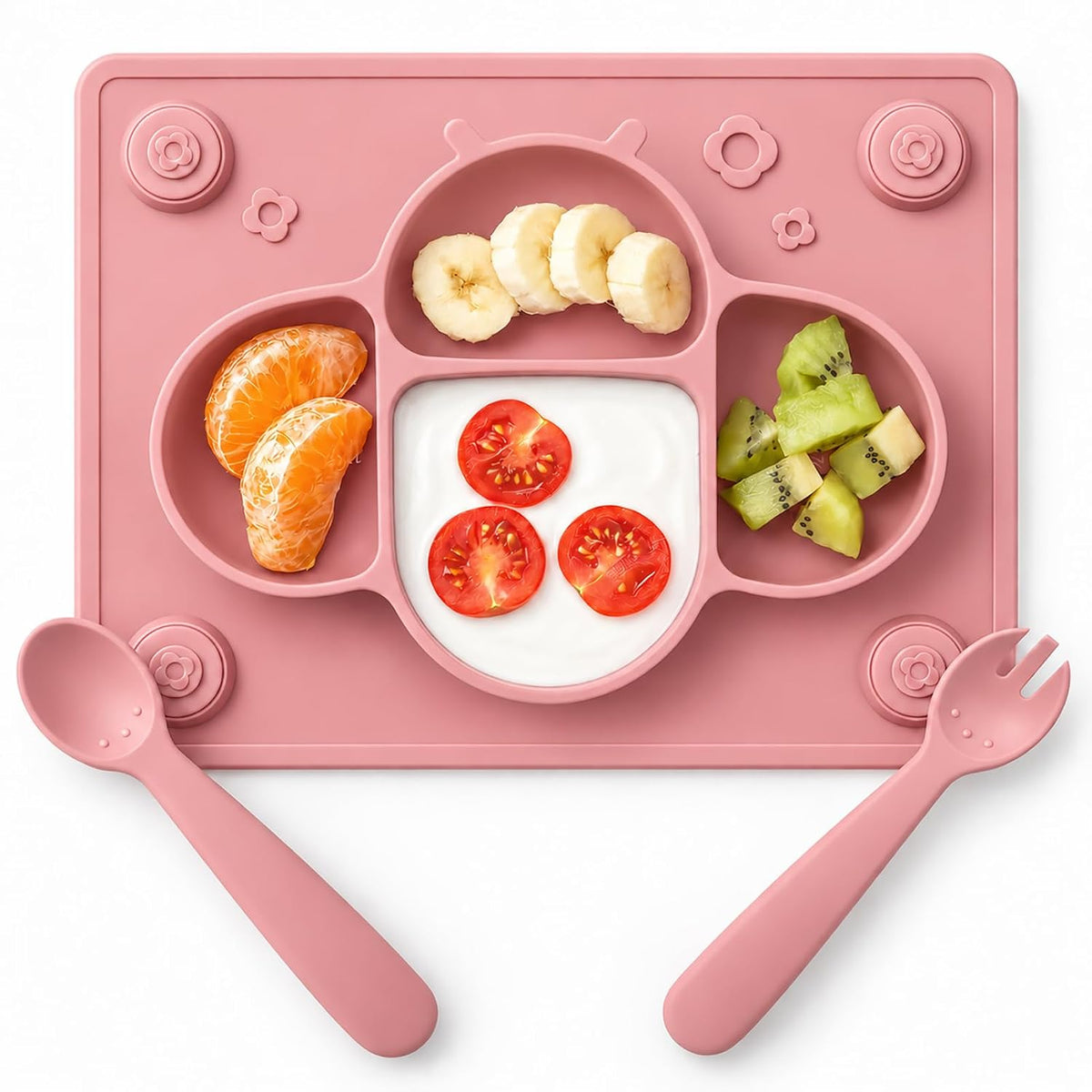 ROCCED Suction Plates for Baby Placemat Spoon Fork Set for Toddlers, Silicone Baby Plates with Suction Baby Dishes for Kids Plates-pale mauve