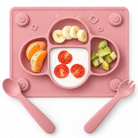 ROCCED Suction Plates for Baby Placemat Spoon Fork Set for Toddlers, Silicone Baby Plates with Suction Baby Dishes for Kids Plates-pale mauve