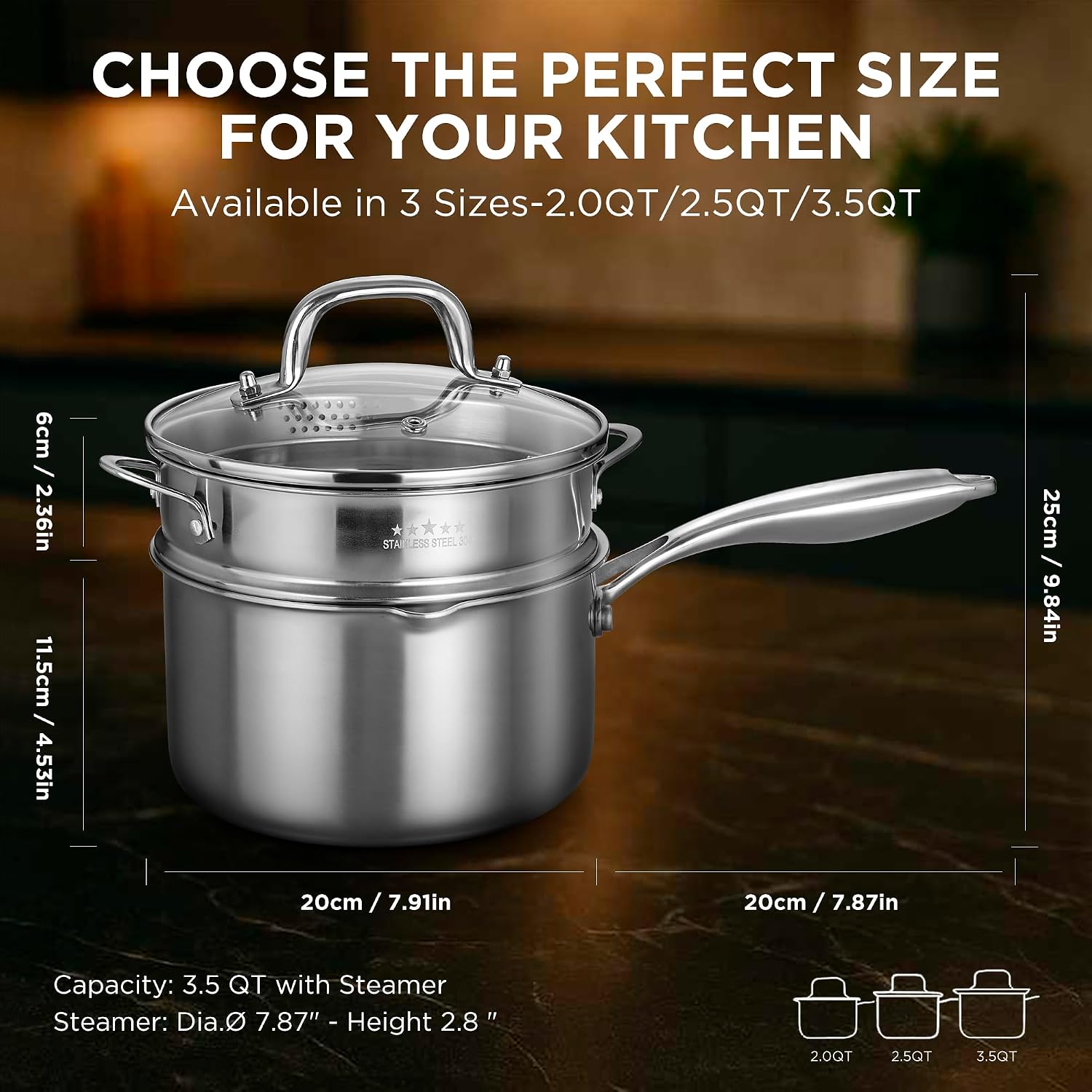 Tri-Ply Stainless Steel Sauce Pan with Steamer Basket & Straining Glass Lid— 2-in-1 Multi-Function Pot for Steaming, Boiling & Simmering — Healthy, Durable, Rust-Resistant, Professional-Grade Cookware