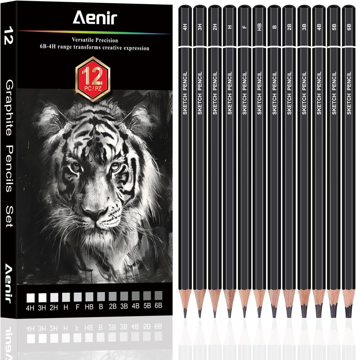 Aenir Drawing Pencils for Sketching, Set of 12 Sketch Pencils, 6B-4H