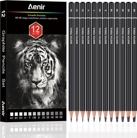 Aenir Drawing Pencils for Sketching, Set of 12 Sketch Pencils, 6B-4H