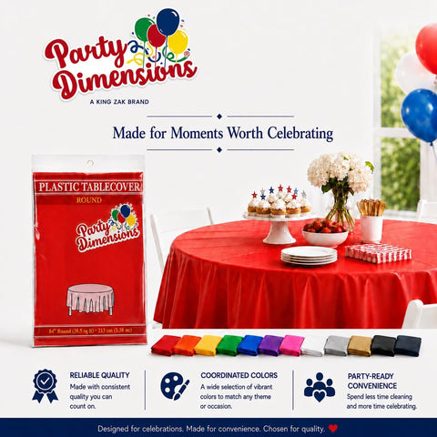 Party Dimensions Red Disposable Plastic Tablecloth, Round, 84", 12 Pack
