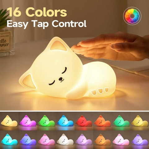 Mubarek Sleepy Cute Cat Gifts - 16-Color Silicone Night Light with Remote