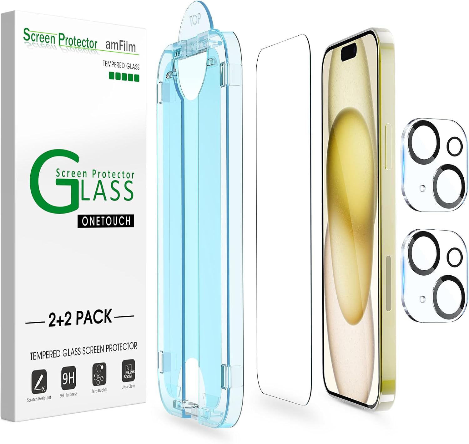 amFilm OneTouch for iPhone 15 Screen Protector 6.1'' Tempered Glass