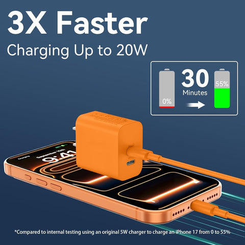 20W Dual Port USB C Charger Block for iPhone 17 16 15 Pro Max Charger Fast Charging with 10FT Long USB C to C Charging Cable Cord for iPhone 17 16 15 Pro Max/17 16 15Pro/15, Android Phone-Orange