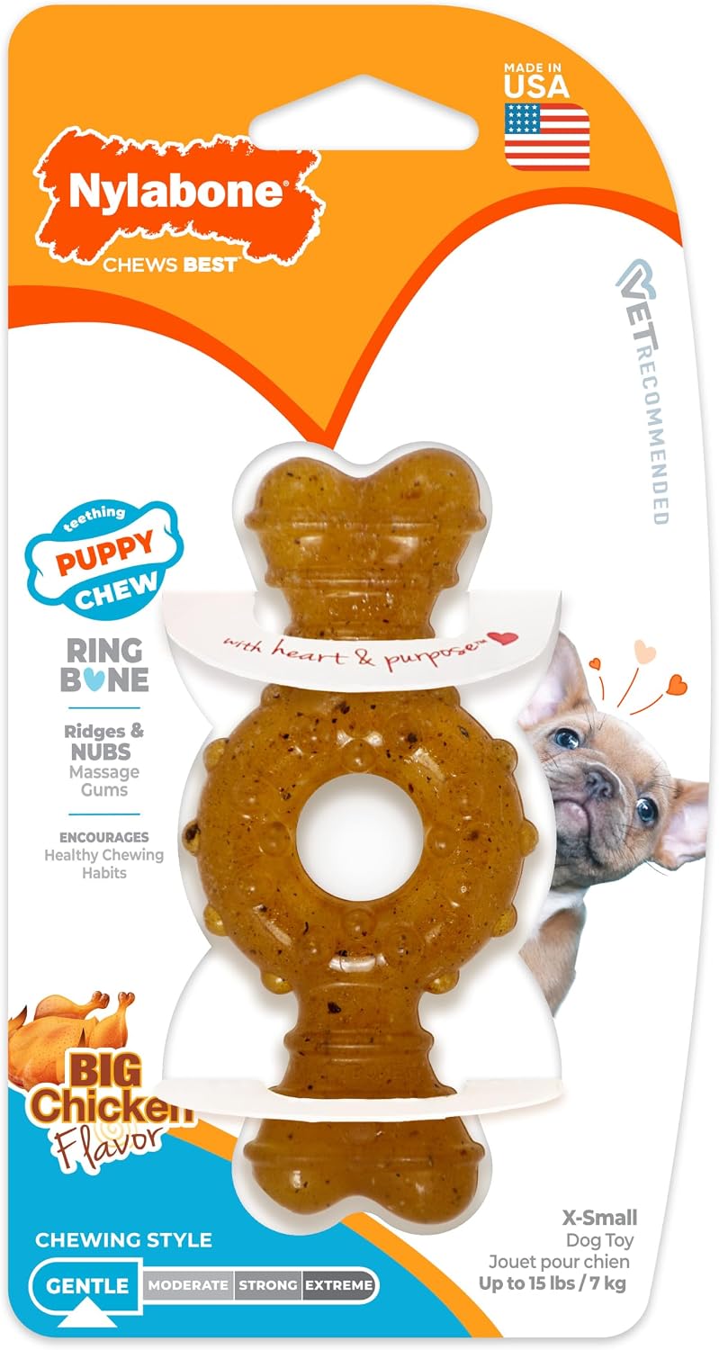 Nylabone Puppy Chew Teething Ring Bone Dog Toy, Chicken Flavor, X-Small