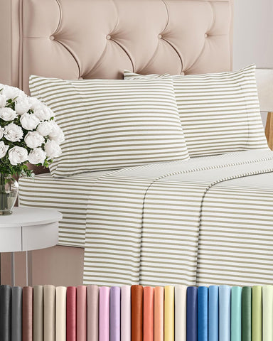 Queen Size 4 Piece Sheet Set - Breathable & Cooling Sheets - Beige Stripes