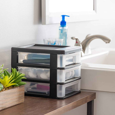 IRIS USA 4-Pack, 3-Drawer Small Plastic Stacking Desktop Organizer, Black | Keep dorm desks tidy with drawers for school supplies, makeup, chargers, snacks and everyday college essentials