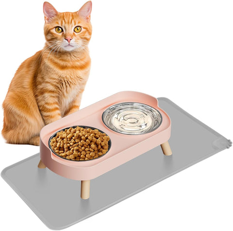Elevated Cat Bowl with Food Mat, Raised Cat Food and Water Bowl Set for Indoor Cats, Splash Proof with 2 Stainless Steel Pet Food Bowls for Cats and Puppies,Whisker Fatigue and Dishwasher Safe (Pink)