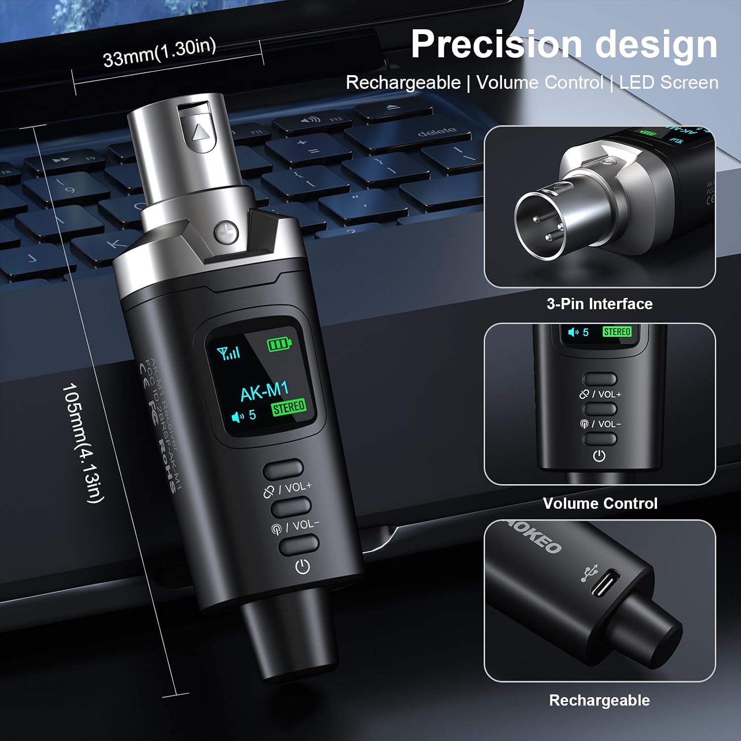 Aokeo AK-M1 XLR Bluetooth Receiver-High-Fidelity Wireless Audio Adapter,100ft Stable Connection,Stereo for Speakers,Mixers,DJ Equipment,Weddings,Parties