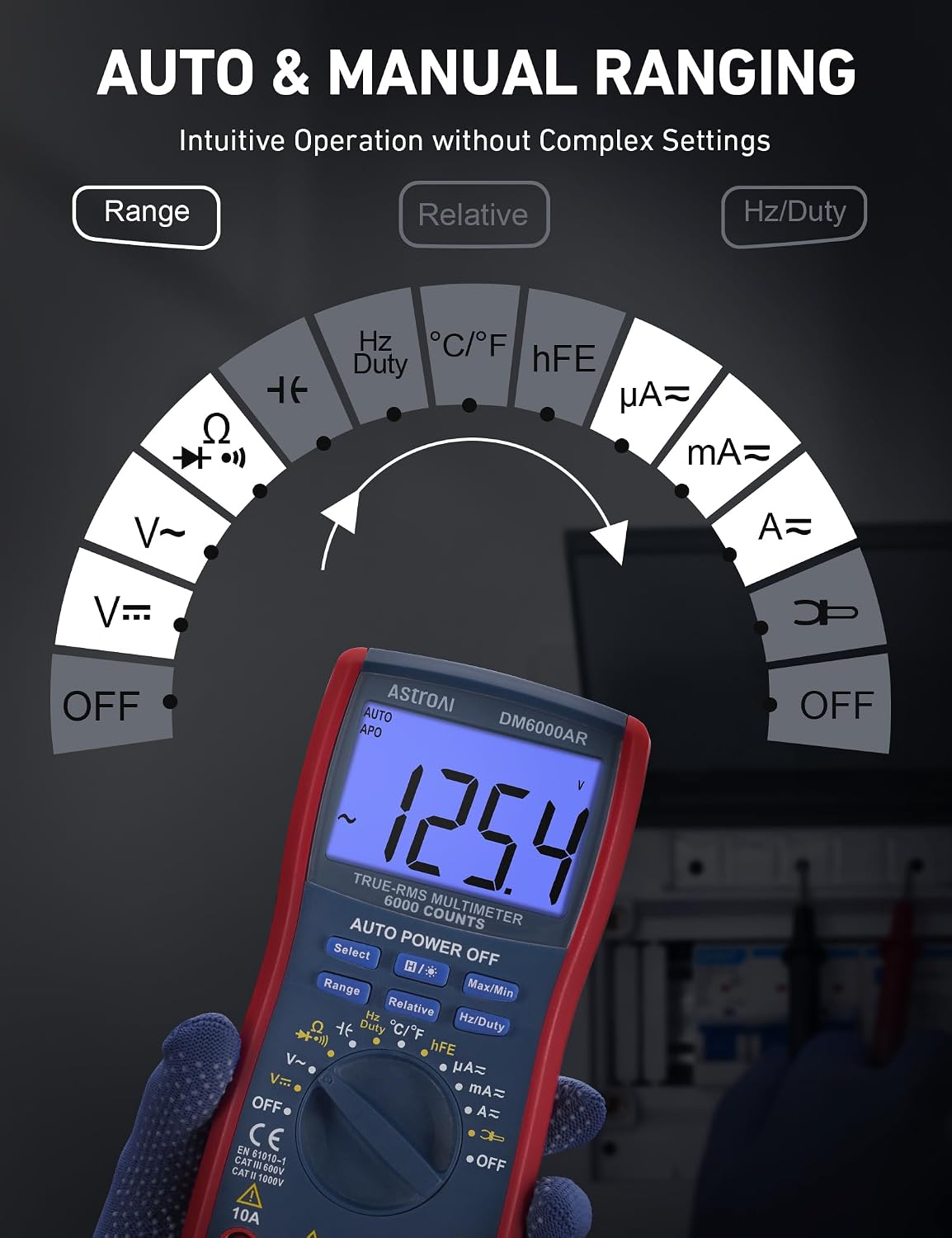 AstroAI Digital Multimeter, True RMS 6000 Counts Auto-Ranging Volt Meter for Automotive & Home Electrical Troubleshooting, AC/DC Voltage Current Resistance Continuity Capacitance Temperature Tester