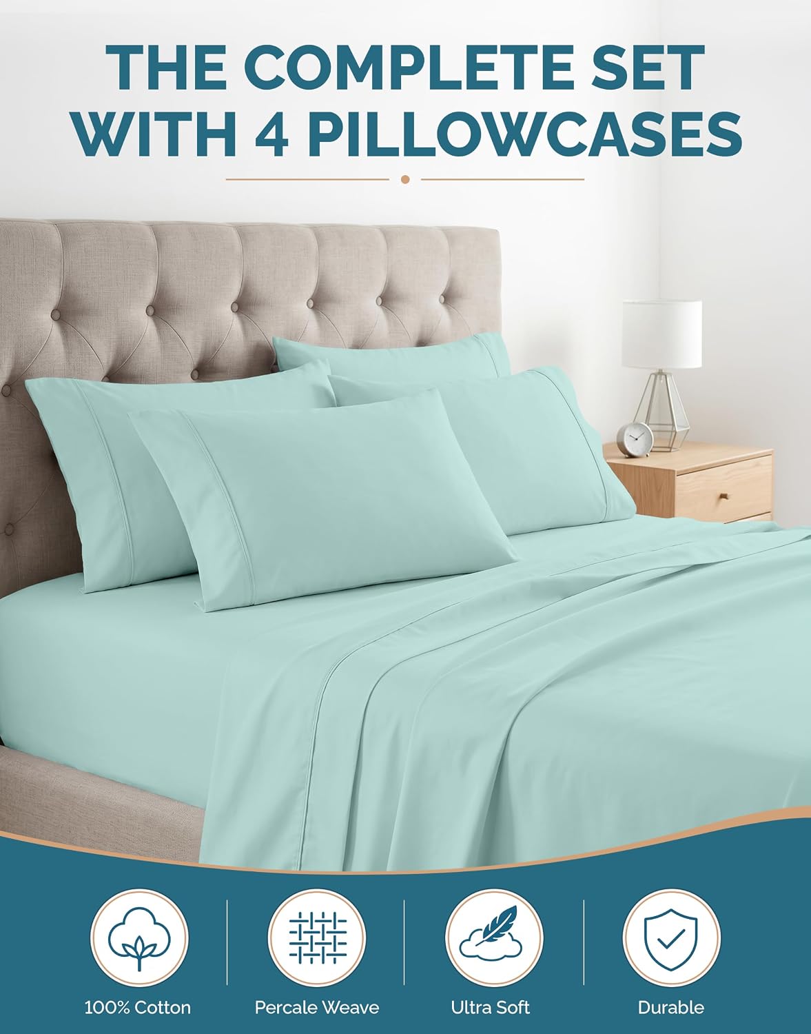 Casa Platino Split King Sheets Sets – 100% Cotton Split King Sheets Cooling with 4 Pillowcases, 15" Deep Pocket Fitted Sheet, Crisp & Smooth Feel, Ultra Soft & Cozy, Fit – Blue Sky