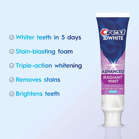 Crest 3D White Advanced Teeth Whitening Toothpaste, Radiant Mint, 3.3 oz, Pack of 2