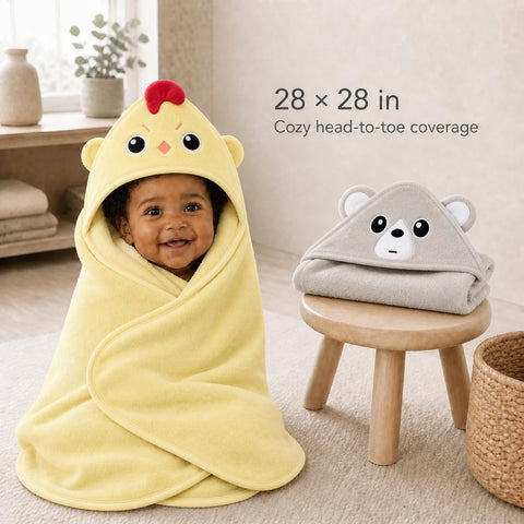 Cute Castle 2 Pack Hooded Baby Towel Rayon Made from Bamboo with 8 Washcloths - Soft Bath Towel for Bathtub for Babie, Newborn, Infant, Natural Baby Stuff Towel (Chicken and Bear)