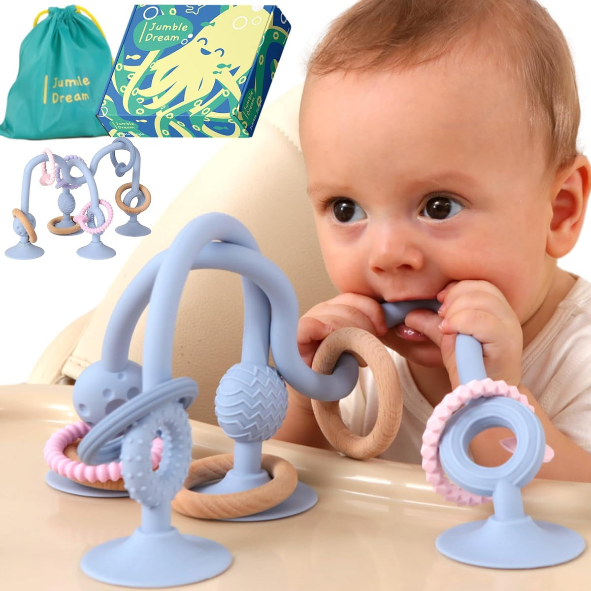 Jumble Jangle Baby Teether – Suction Toy & High Chair Toy, Light Blue