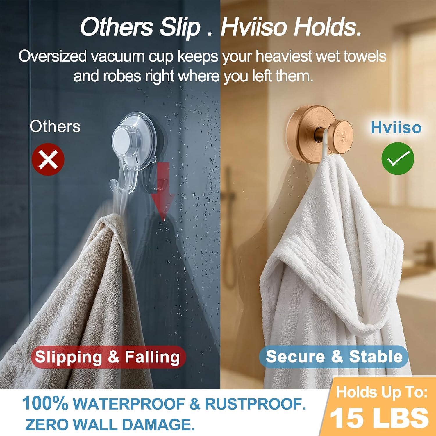 Suction Cup Hooks for Shower, No Drill Towel Hooks for Bathroom