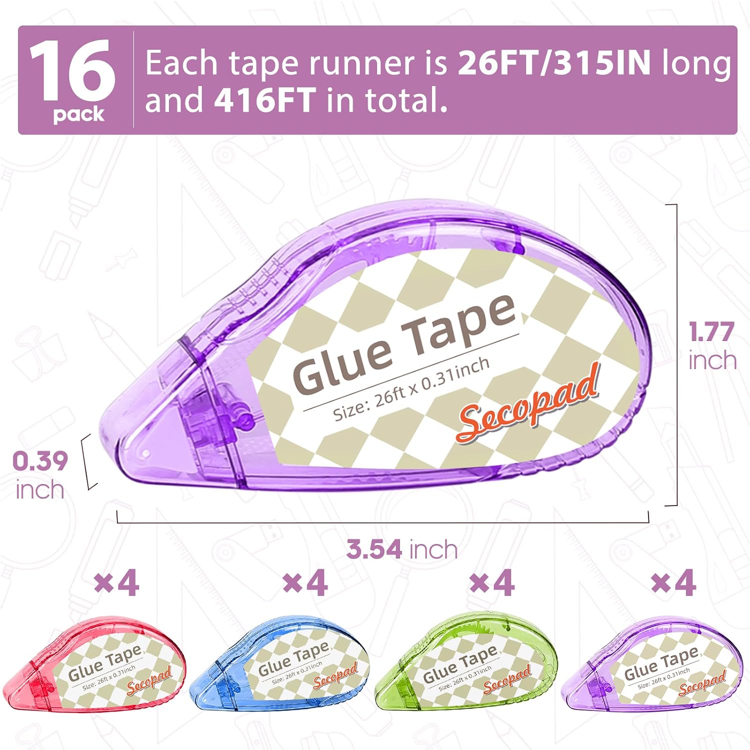 Secopad Scrapbook Tape, Glue Tape for Crafts, 16 Pack, Clear Colored Shell
