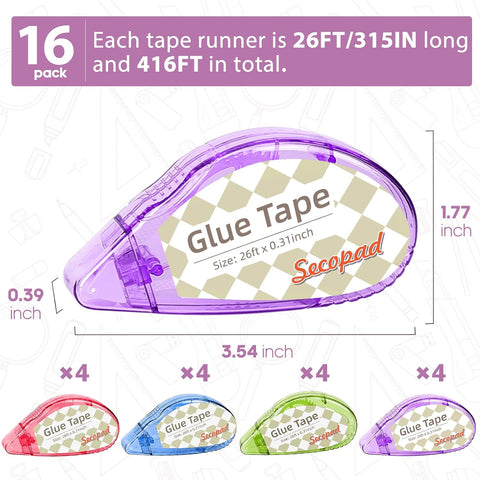 Secopad Scrapbook Tape, Glue Tape for Crafts, 16 Pack, Clear Colored Shell