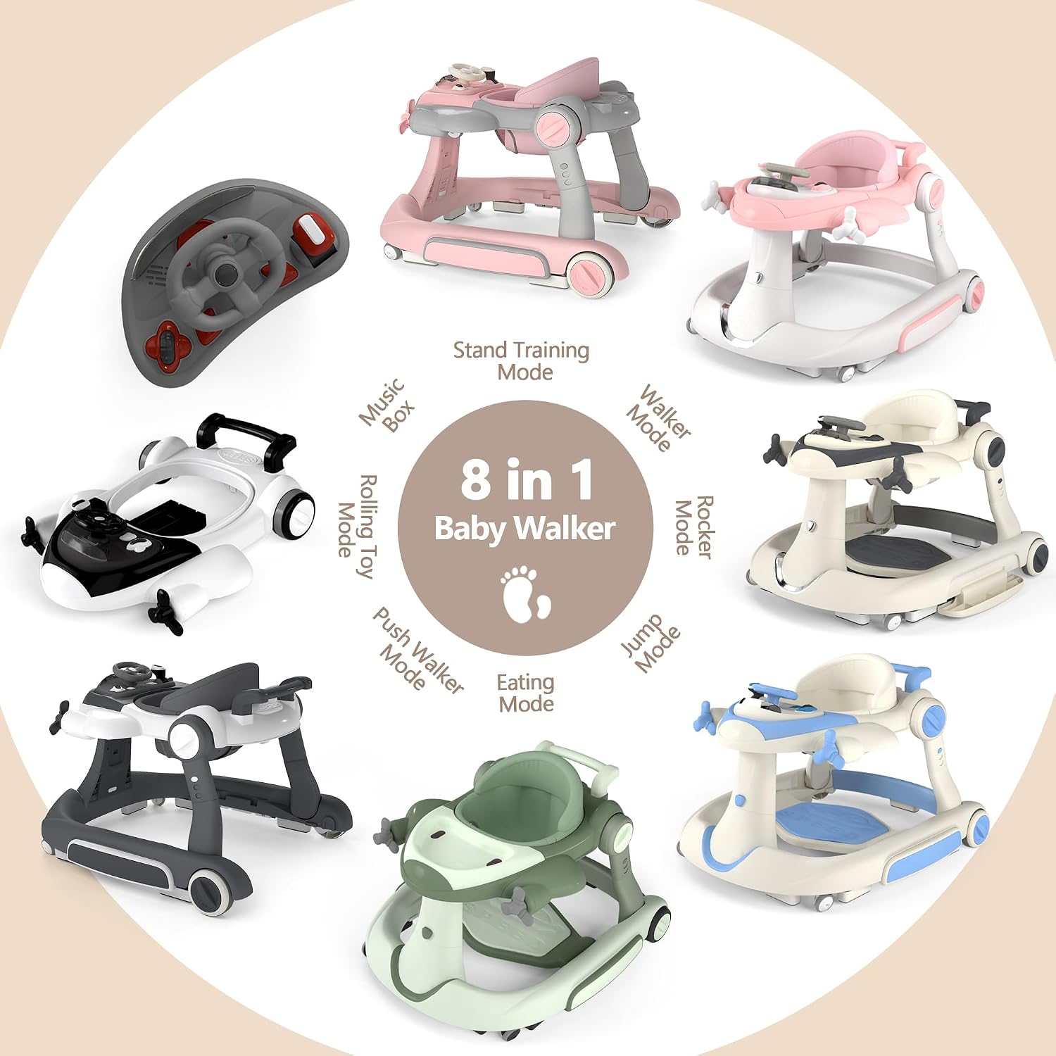 Kinder King 8-in-1 Baby Walker with Music & Lights, 3 Level Height Adjust
