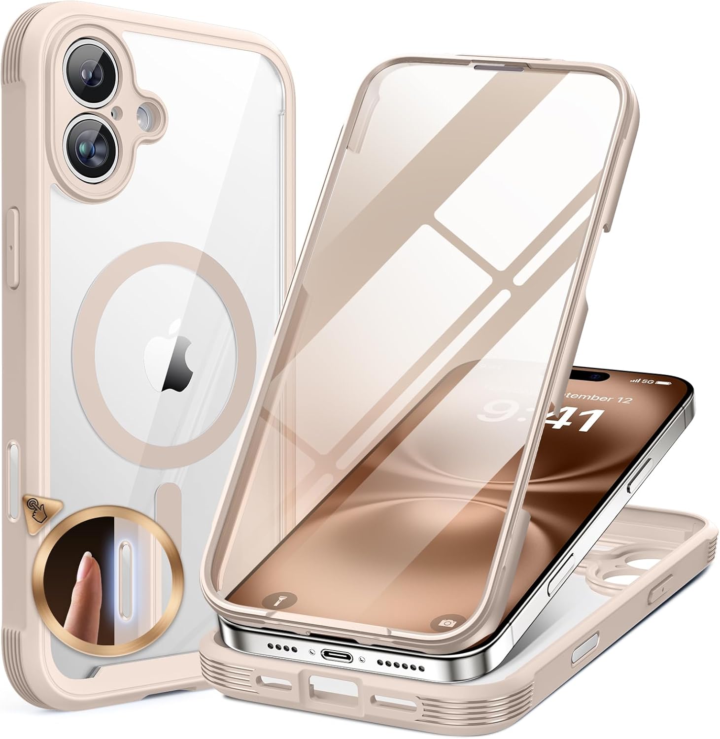 Miracase Magnetic for iPhone 16 Plus Case Full-Body Phone with Built-in Glass Screen Protector, [Compatible with MagSafe] Military Drop Proof 16 Plus Cover Bumper, Desert