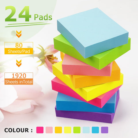 24 Pads Sticky Notes, 1.5x2 in, 8 Bright Colors, Total 1920 Sheets
