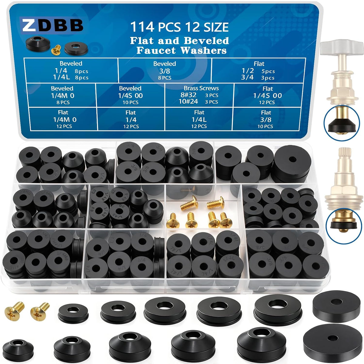 114 pcs Flat and Beveled Faucet Washers and Brass Bibb Screws Assortment