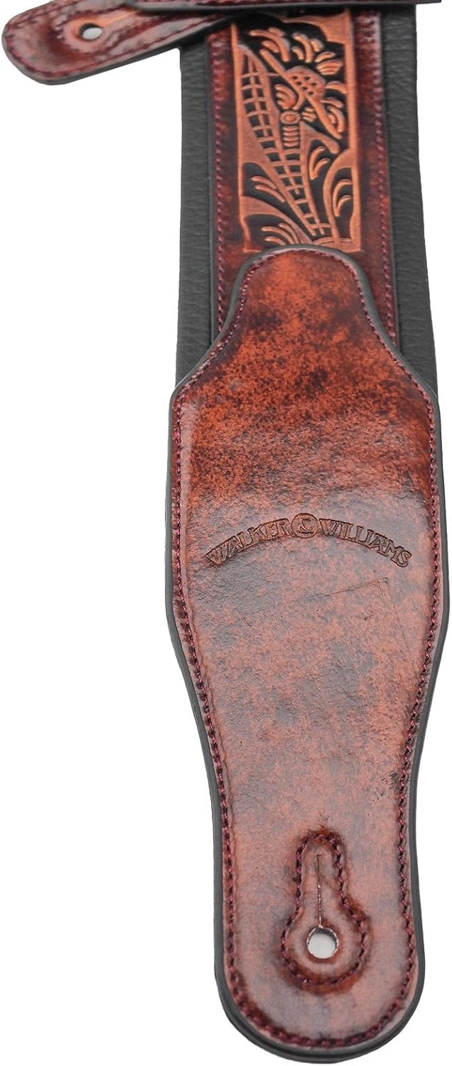 Walker & Williams GB-101 Bourbon Brown Handmade Padded Leather Strap Classic Live Oak Pattern For Acoustic, Electric, And Bass Guitars