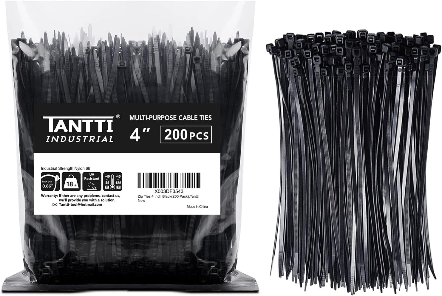 Zip Ties 4 inch (200 Pack), Small Zip Ties with 18 lb Tensile Strength, Black, by Tantti Supply
