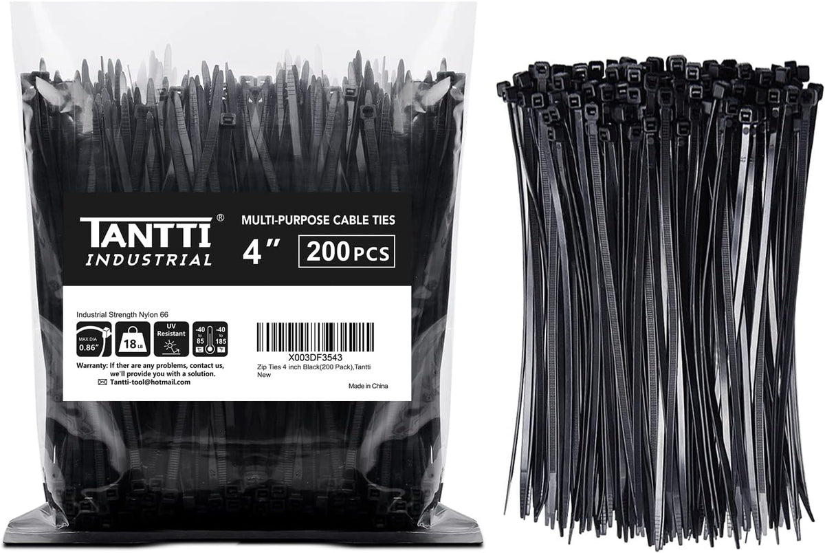 Zip Ties 4 inch (200 Pack), Small Zip Ties with 18 lb Tensile Strength, Black, by Tantti Supply