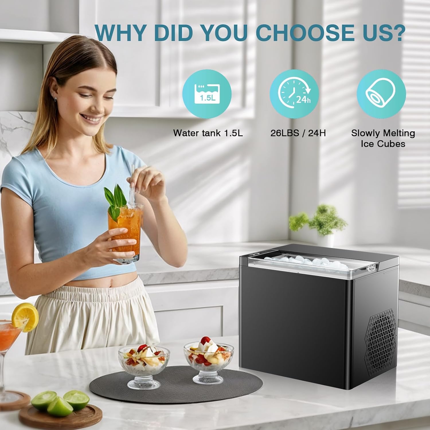 Countertop Ice Makers Machine, Portable Ice Machine Producing 9 Ice Cubes Within 6 Mins, Bullet Ice Available in Two Sizes(S/L), Compact Mini Ice Maker Appliance for Home Kitchen Camping (Soot)