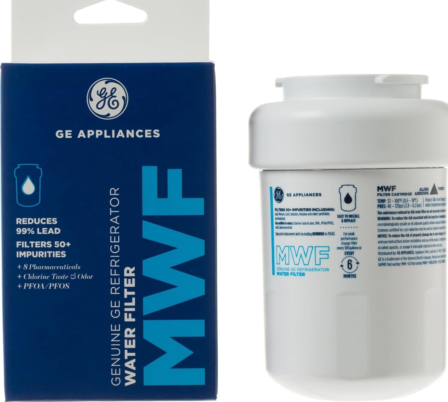 GE MWF Refrigerator Water Filter, Genuine Replacement Filter, Certified to Reduce Lead, Sulfur, and 50+ Other Impurities, Replace Every 6 Months for Best Results, Pack of 1