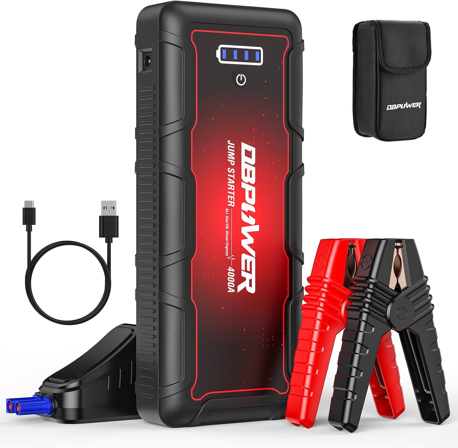 DBPOWER Jump Starter 4000A Peak 88.8Wh Portable Car Jump Starter (Up to All Gas/10L Diesel Engine) 12V Auto Battery Booster Pack with Smart Clamp Cables,Quick Charge, LED Light Jump Box