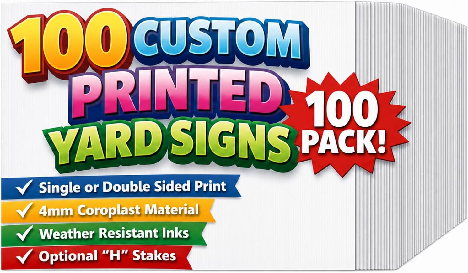 24x18 Custom Yard Signs 100 Pack, Single or Double Sided, Optional Stakes