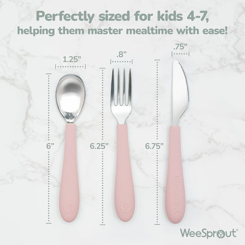 Kids Stainless Steel Utensils Set - Premium 18/8 Grade Silverware Kit - 2 Spoons, 2 Forks, and 2 Knives for Ages 4-7 - Silicone Easy-Grip Handles - Children Flatware Cutlery (Bright - Purple, Pink)