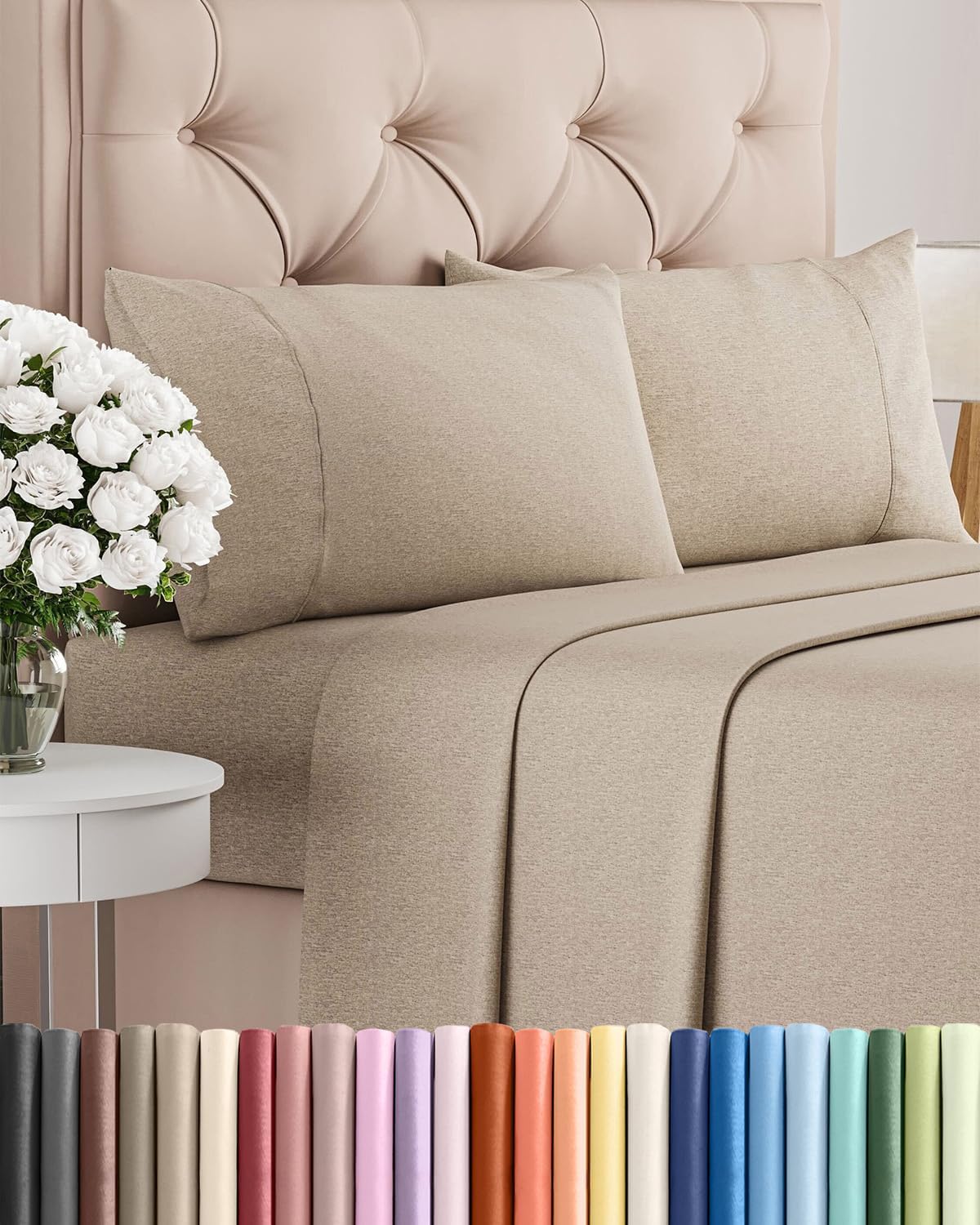 Queen Size 4 Piece Sheet Set - Comfy Breathable & Cooling - Heathered Beige