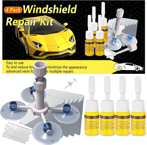 Windshield Crack Repair Kit, Windshield Repair Kit for Chips and Cracks, 4 Pcs Car Glass Repair Kit, Cracks Gone Glass Repair Kit Automotive Quick Fix for Chips, Cracks, Bullseyes (Yellow)