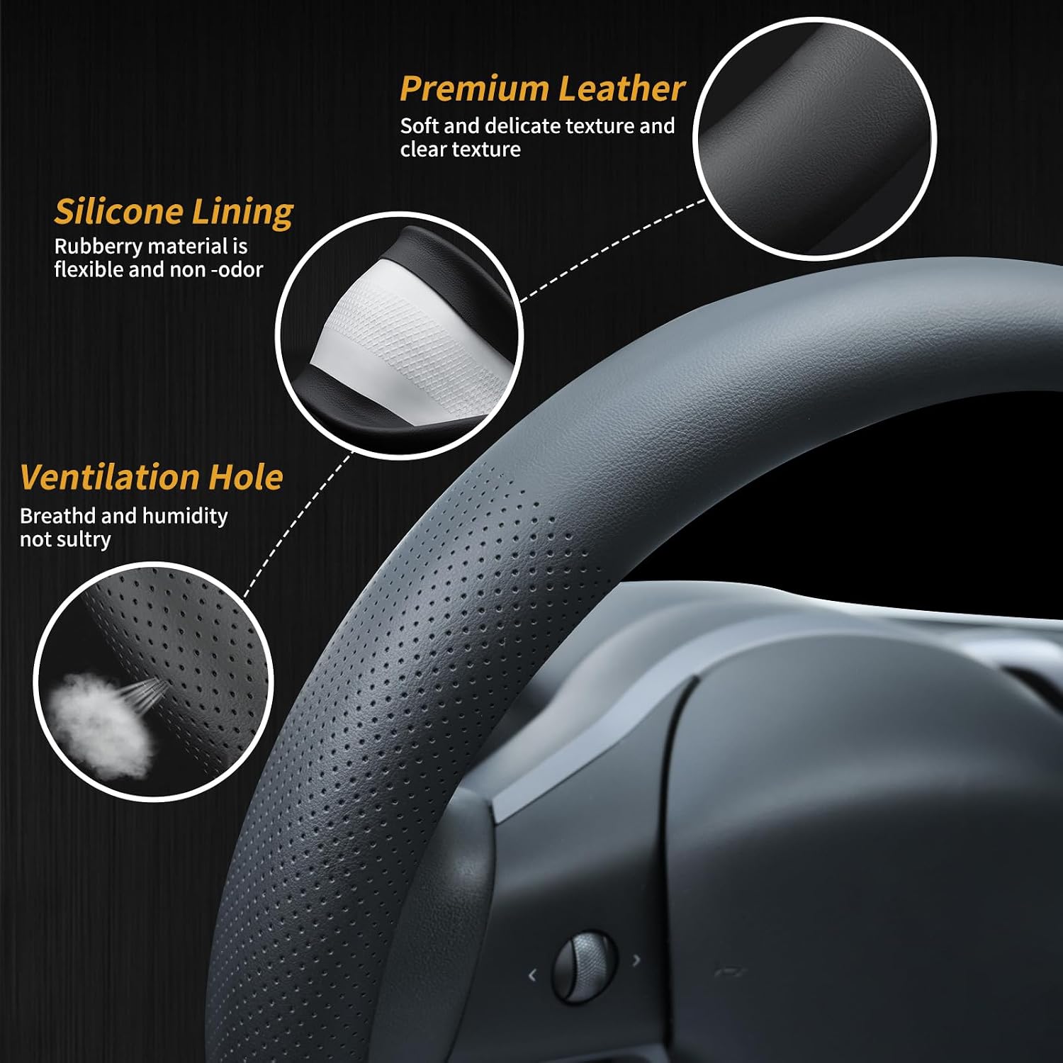 Uxcer Nappa Leather Steering Wheel Cover Compatible with Tesla Model 3/Y 2016-2025 2026 Juniper/Highland, Non-Slip Breathable Model 3/Y Steering Wheel Protector, Black