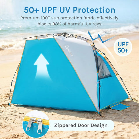 Wolfwise Instant Beach Tent Sun Shelter with Zippered Extendable Porch for Privacy, Portable Beach Tents with Carrying Bag, Easy Setup Pop up Beach Shade for 6-7 Person, 110 x57x57 in, Blue