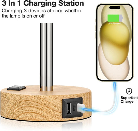 Fenmzee Bedside Table Lamp for Bedroom - Dimmable Touch, USB A+C, AC Outlet